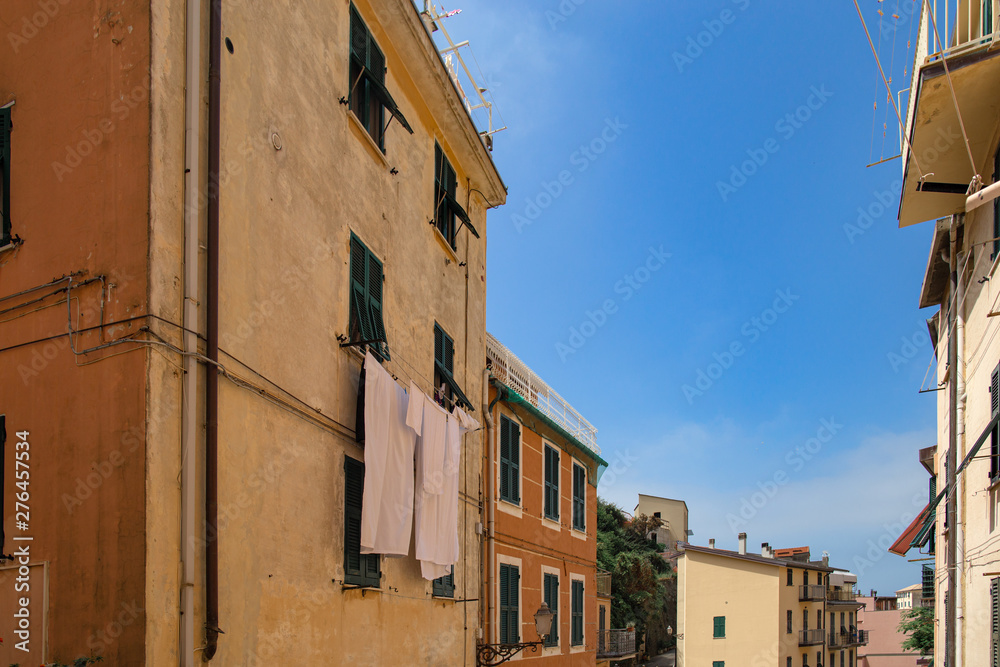 Beautiful building facade in Riomaggiore, Cinque Terre, Italy. Summer cityscape