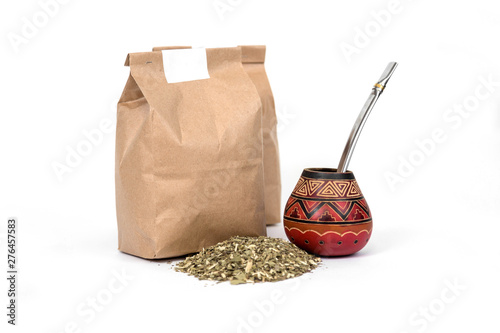 Yerba mate gourd and packs of yerba isolated on white background. Blank space in sticker for  logo or name. For mockup.