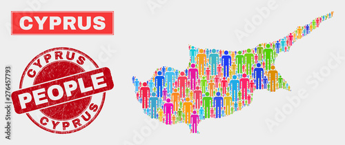 Demographic Cyprus map abstraction. People color mosaic Cyprus map of guys, and red rounded corroded stamp. Vector composition for population audience presentation.