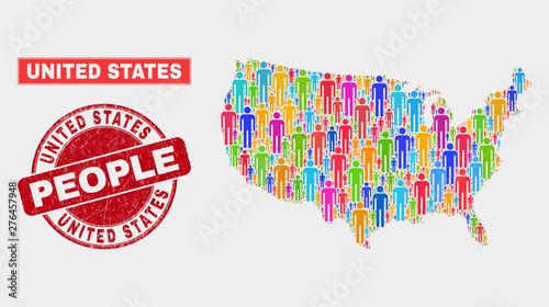 Demographic United States map illustration. People color mosaic United States map of men, and red round unclean stamp. Vector composition for national group presentation.