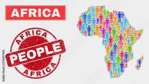 Demographic Africa map illustration. People color mosaic Africa map of guys, and red round dirty watermark. Vector composition for nation mass report.