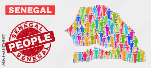 Demographic Senegal map illustration. People bright mosaic Senegal map of persons, and red rounded corroded stamp seal. Vector collage for population mass presentation.