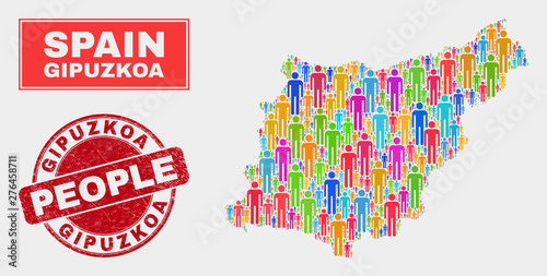 Demographic Gipuzkoa Province map illustration. People bright mosaic Gipuzkoa Province map of men, and red rounded dirty stamp. Vector combination for population public representation.