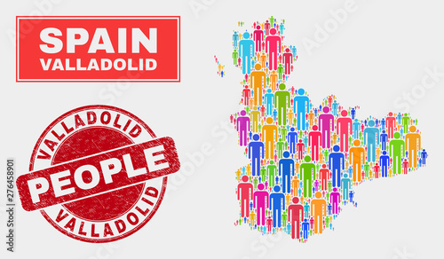Demographic Valladolid Province map illustration. People color mosaic Valladolid Province map of humans, and red rounded scratched stamp seal. Vector combination for population community report.