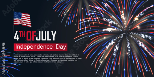 Fourth of July happy independence day horizontal banner. USA day celebration flyer with realistic dazzling display of fireworks. National patriotic and political holiday poster vector illustration.