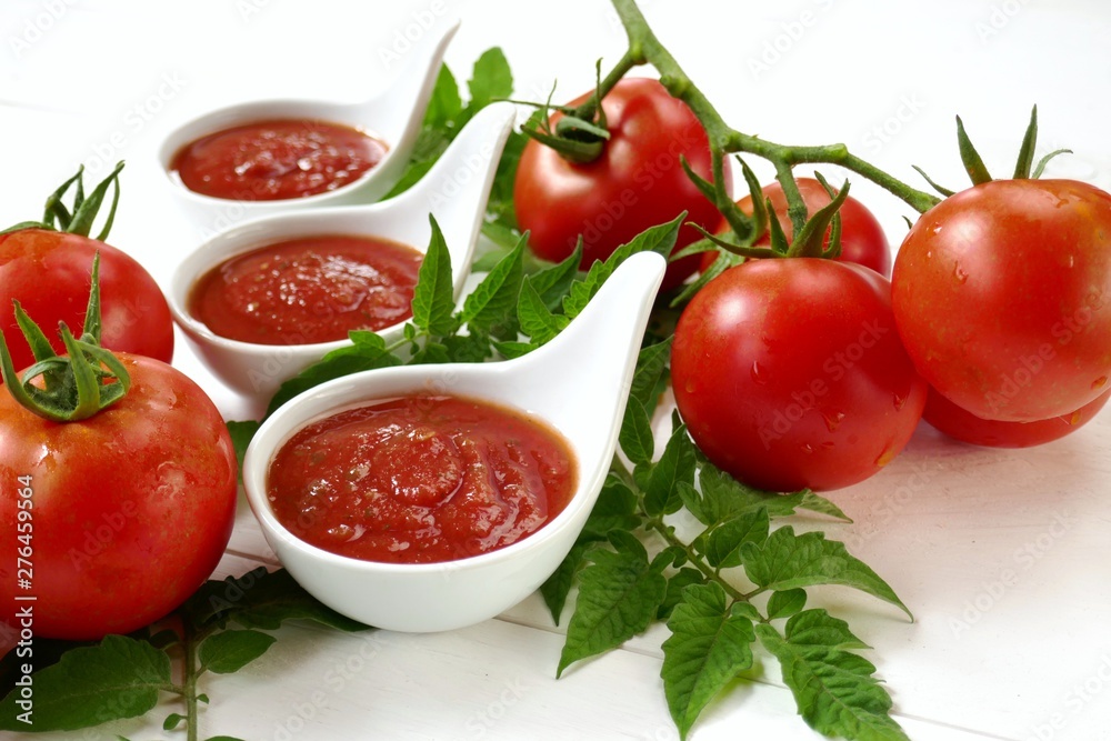 Tomato Sauce.Homemade tomato sauce in a white sauce-pan set and fresh ripe tomatoes with leaves on a white wooden background. Tomato Sauce.Homemade tomato sauce in a white sauce-pan set and fresh ripe tomatoes with leaves on a white wooden background.