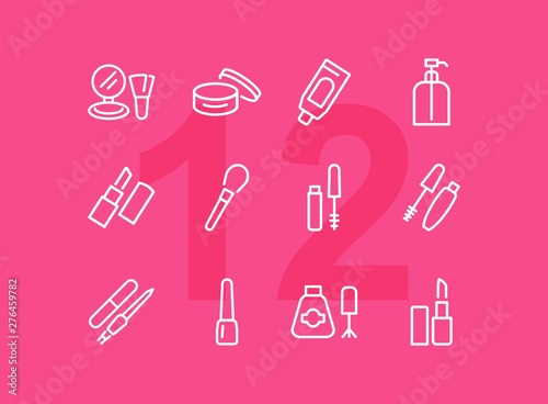 Cosmetics icon. Set of line icons on white background. Lipstick, powder, mascara. Makeup concept. Vector illustration can be used for topics like beauty product, beauty salon, service