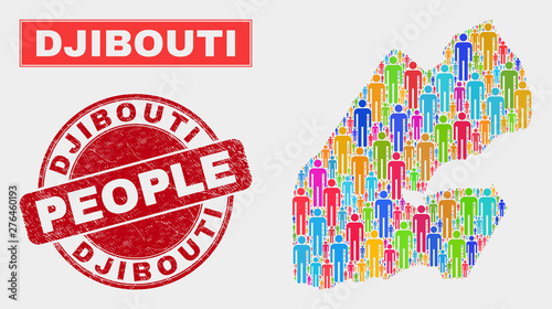 Demographic Djibouti map illustration. People bright mosaic Djibouti map of guys, and red rounded scratched seal. Vector composition for population mass plan.