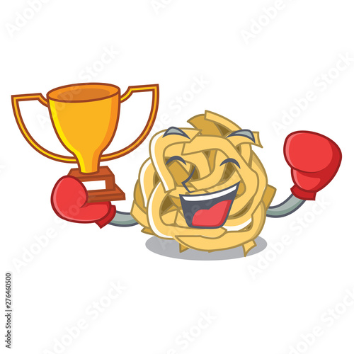 Boxing winner fettuccine is put on cartoon board