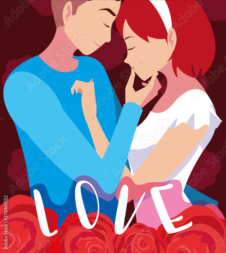 young couple in love poster with roses decoration