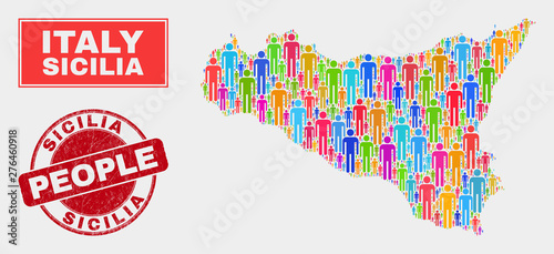 Demographic Sicilia map abstraction. People bright mosaic Sicilia map of humans, and red rounded scratched stamp. Vector composition for population audience representation.