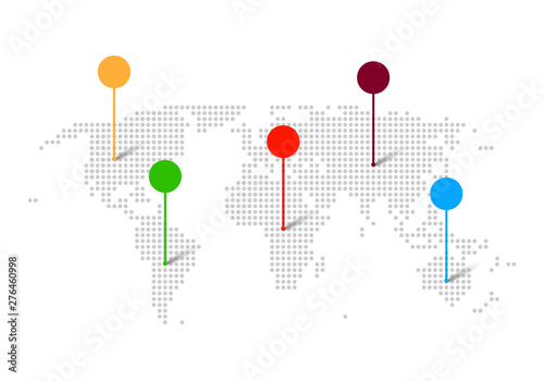 World dotted map with color pointers - vector