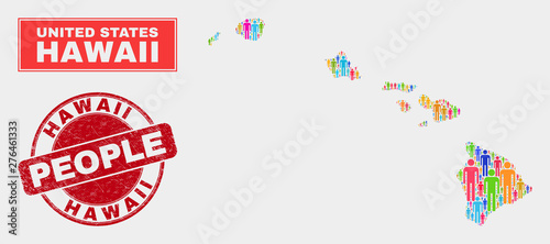 Demographic Hawaii State map illustration. People colorful mosaic Hawaii State map of persons, and red round grunge stamp seal. Vector composition for national public plan.