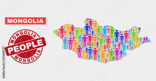 Demographic Mongolia map illustration. People bright mosaic Mongolia map of guys, and red rounded unclean seal. Vector collage for population group plan.