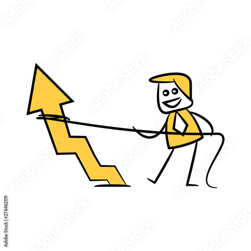 businessman using rope pulling arrow chart for growth profit concept, yellow character doodle design