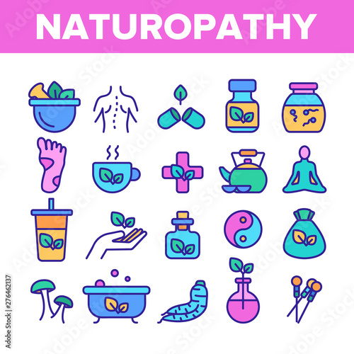 Naturopathy Therapy Vector Thin Line Icons Set. Naturopathy, Homeopathic Medication Linear Pictograms. Natural Ingredients, Feet Massage, Yoga, Acupuncture, Alternative Medicine Contour Illustrations