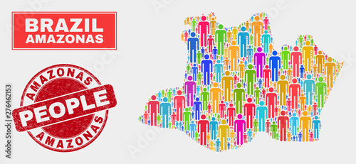Demographic Amazonas State map illustration. People colorful mosaic Amazonas State map of guys, and red round textured stamp seal. Vector composition for population community report.