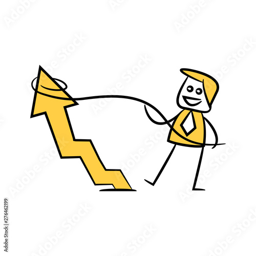 businessman using rope pulling arrow chart for growth profit concept, yellow character doodle design