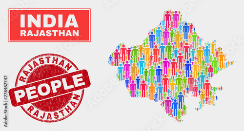 Demographic Rajasthan State map abstraction. People bright mosaic Rajasthan State map of persons, and red rounded dirty watermark. Vector collage for population audience plan.