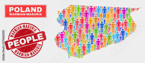 Demographic Warmian-Masurian Voivodeship map abstraction. People color mosaic Warmian-Masurian Voivodeship map of men, and red round unclean stamp.
