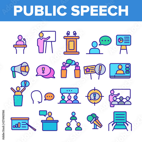 Public Speech Vector Thin Line Icons Set. Public Speech, Oratorical Skills Linear Pictograms. Presentation, Interpersonal Communication, Political Debates, Press Conferences Contour Illustrations