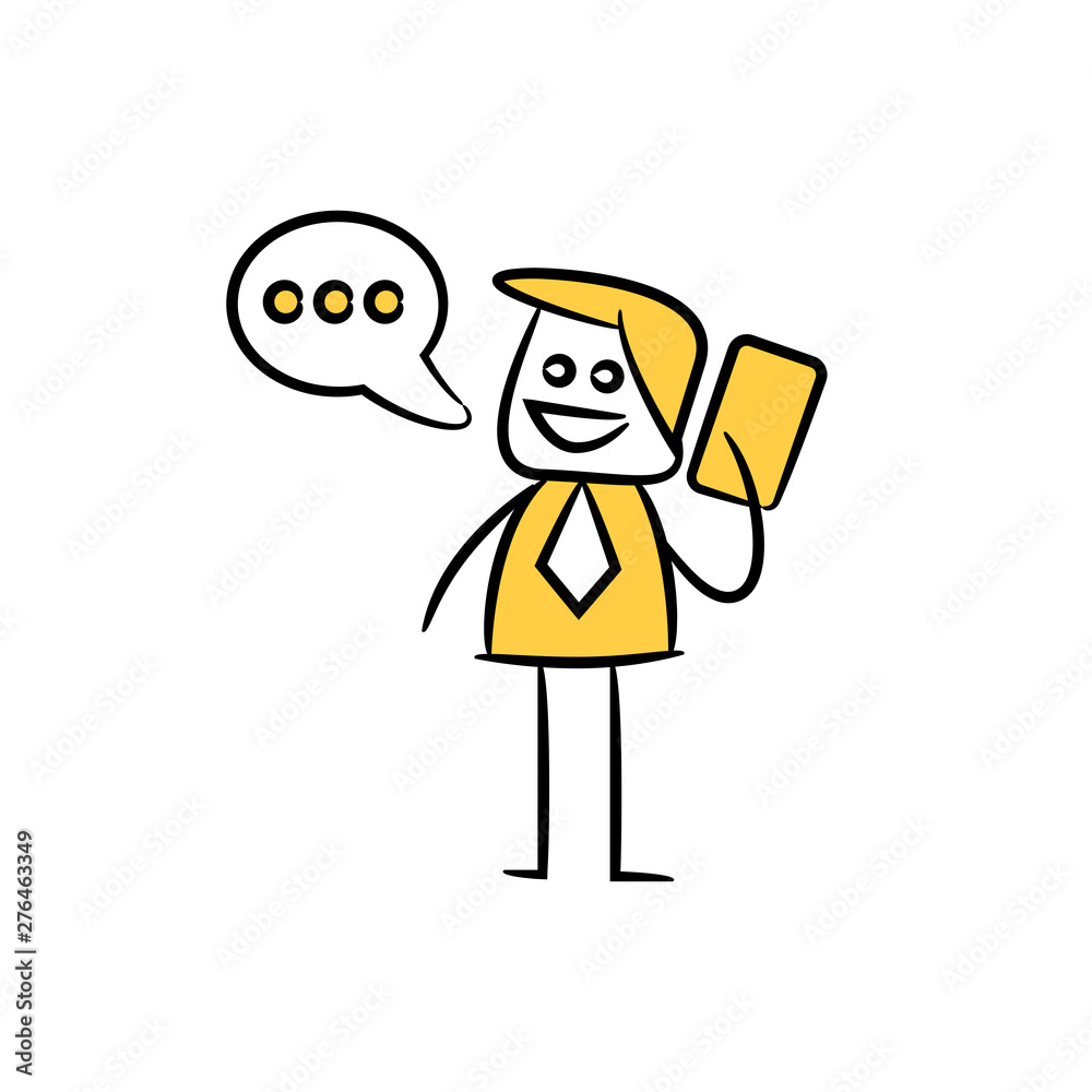 businessman talking on mobile phone, yellow character doodle design