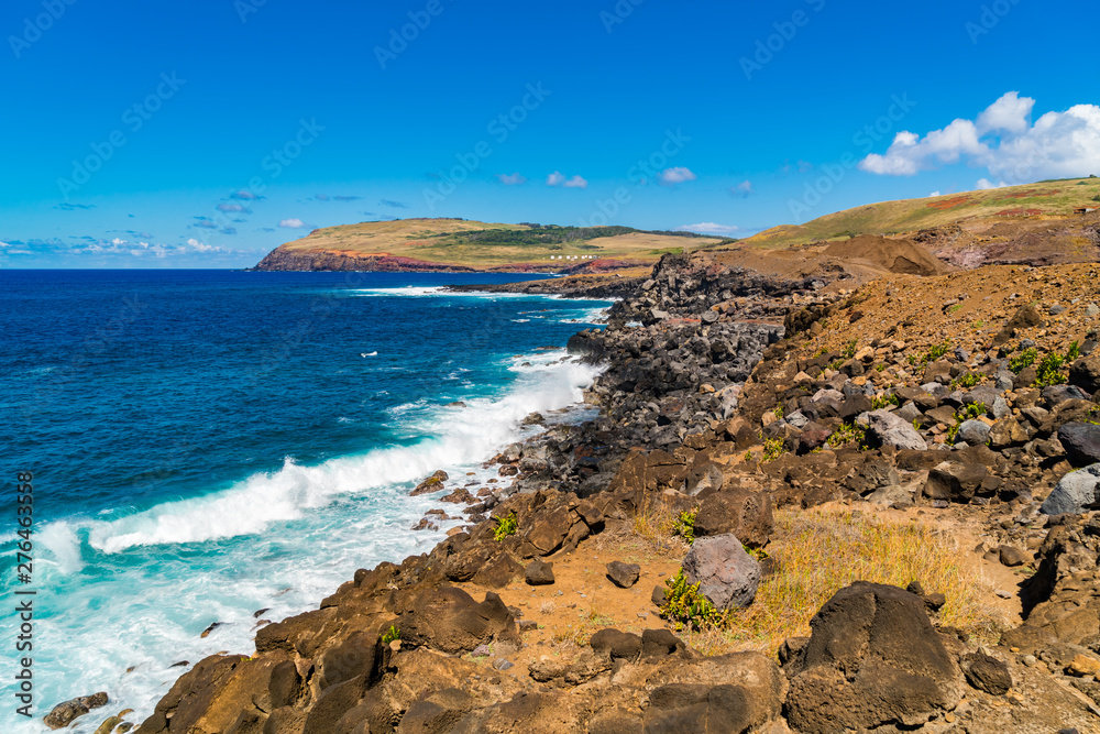 Beautiful crashing waves of the South Paciffic Ocean at Rapa Nui or Easter Island