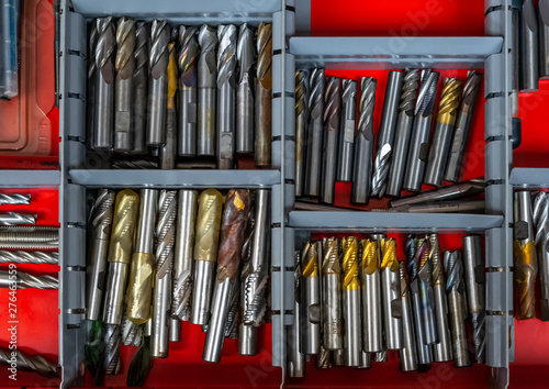 Milling end mills in a tool box drawer