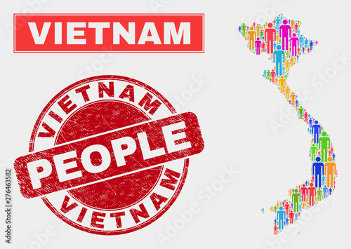 Demographic Vietnam map illustration. People colorful mosaic Vietnam map of crowd, and red round scratched seal. Vector collage for national community presentation.
