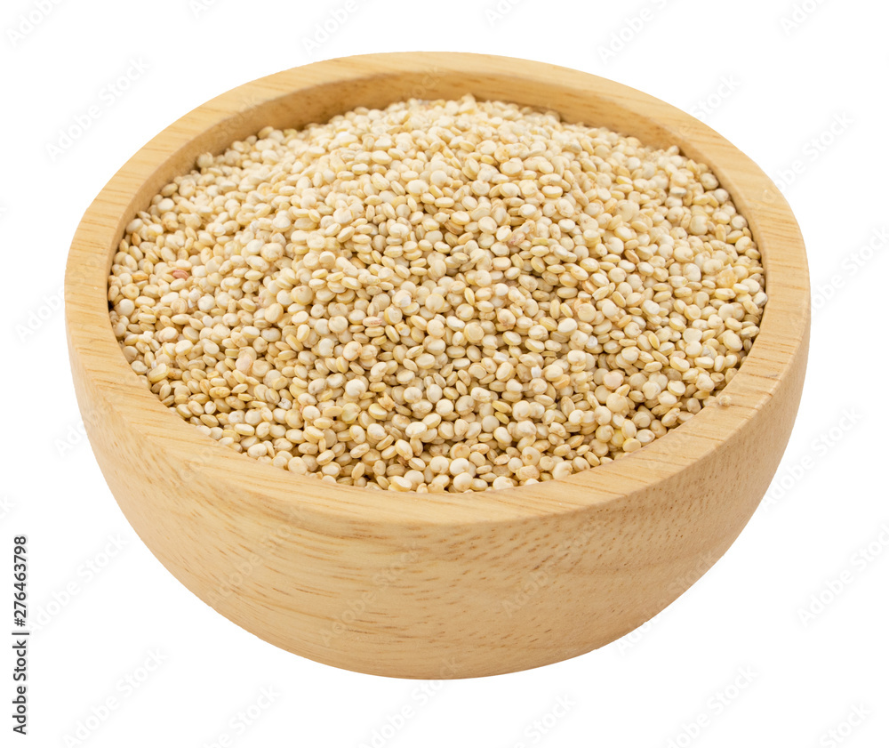 Quinoa in wooden ware isolated on white background Quinoa in wooden ware isolated on white background