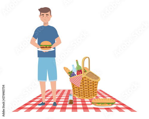 Man cartoon having picnic design