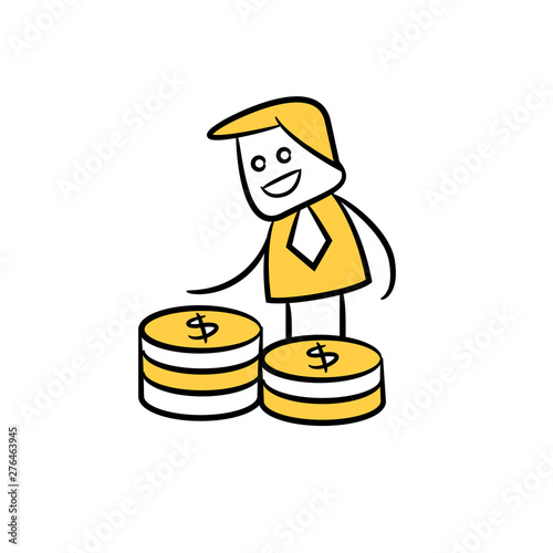 banker and money coins , yellow character doodle design