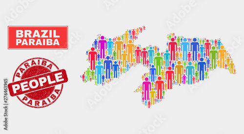 Demographic Paraiba State map illustration. People colorful mosaic Paraiba State map of crowd, and red rounded corroded seal. Vector composition for population public presentation.