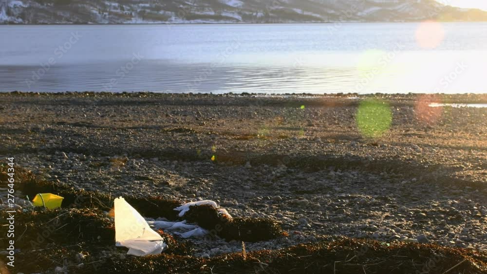 Plastic trashes at beach of the arctic ocean. Micro plastic are big problema at sea nature and killing lots of fish and other sea animals.