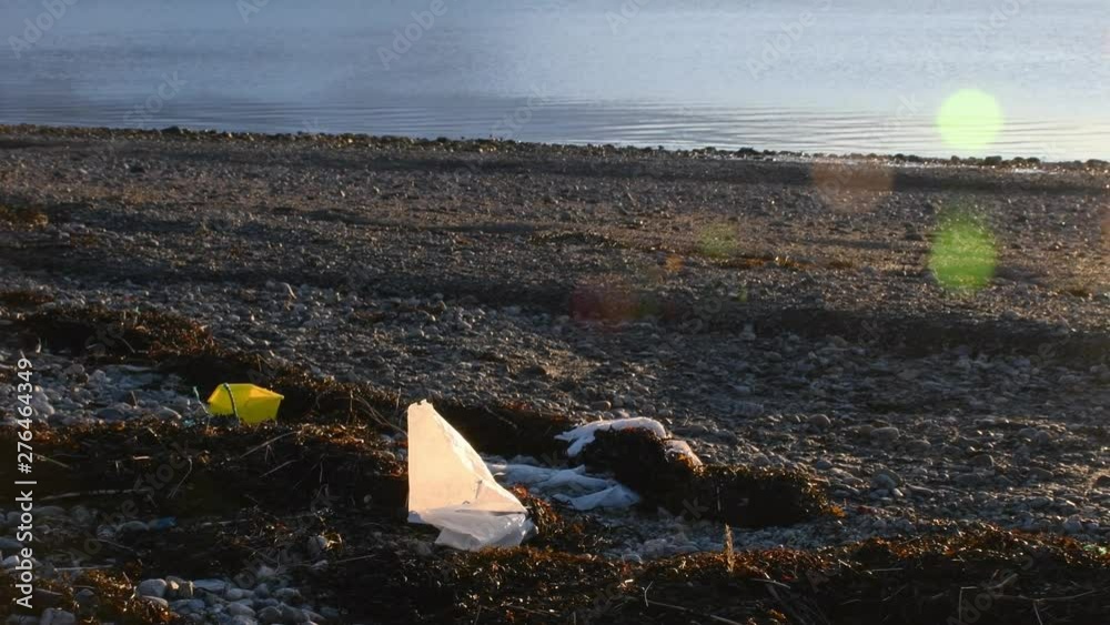 Plastic trashes at beach of the arctic ocean. Micro plastic are big problema at sea nature and killing lots of fish and other sea animals.