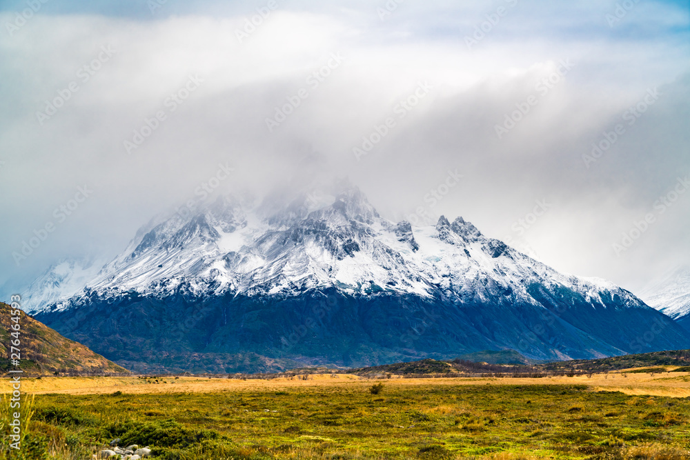 View of beautiful snow capped mountain in Torres del Paine National Park in Chilean Patagonia