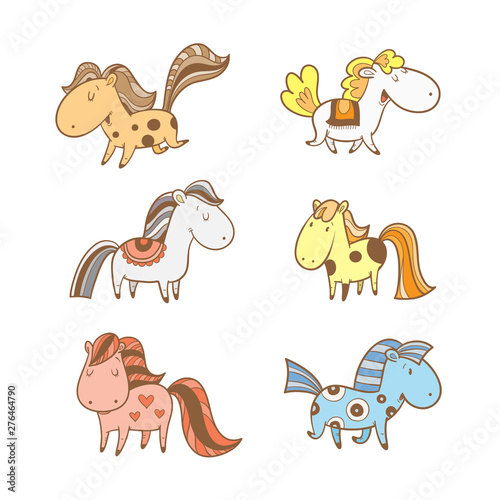 Fototapeta Naklejka Na Ścianę i Meble -  Vector set with cute cartoon  horses. Funny animals. Contour colorful image.