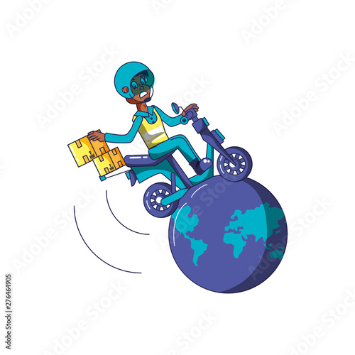 worker delivery service in motorcycle with planet earth