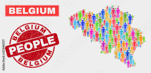 Demographic Belgium map abstraction. People color mosaic Belgium map of humans, and red rounded unclean watermark. Vector combination for nation community representation.