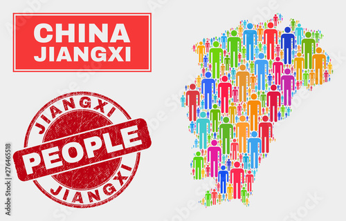 Demographic Jiangxi Province map illustration. People colorful mosaic Jiangxi Province map of men, and red rounded grunge watermark. Vector collage for nation public report.