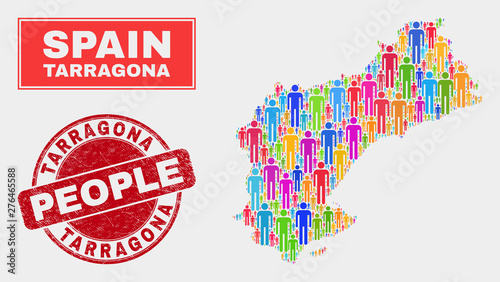 Demographic Tarragona Province map illustration. People color mosaic Tarragona Province map of persons, and red rounded scratched stamp seal. Vector composition for population public presentation.