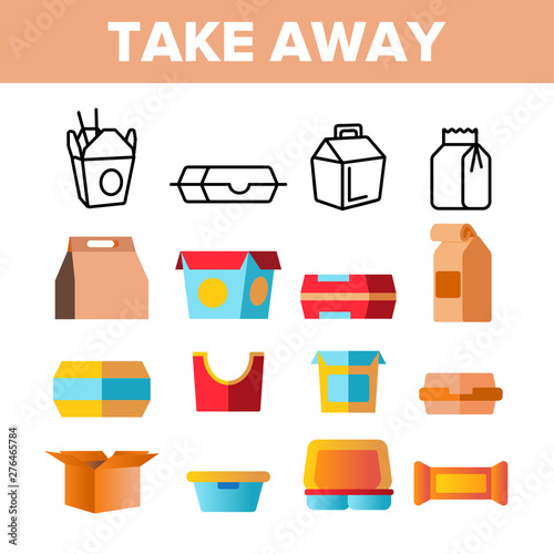 Take Away Food Vector Thin Line Icons Set. Take Away Dish in Cardboard Container Linear Pictograms. Takeaway Snacks Packaging, Chinese Cuisine, Lunch Meal in Disposable Boxes Color Flat Illustrations