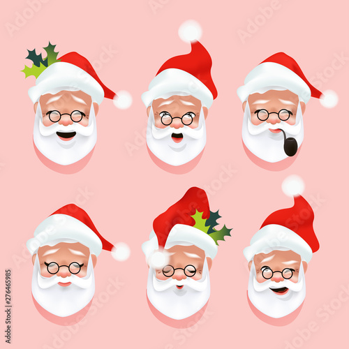 Santa Claus faces, emotions or smiles. Christmas design elements