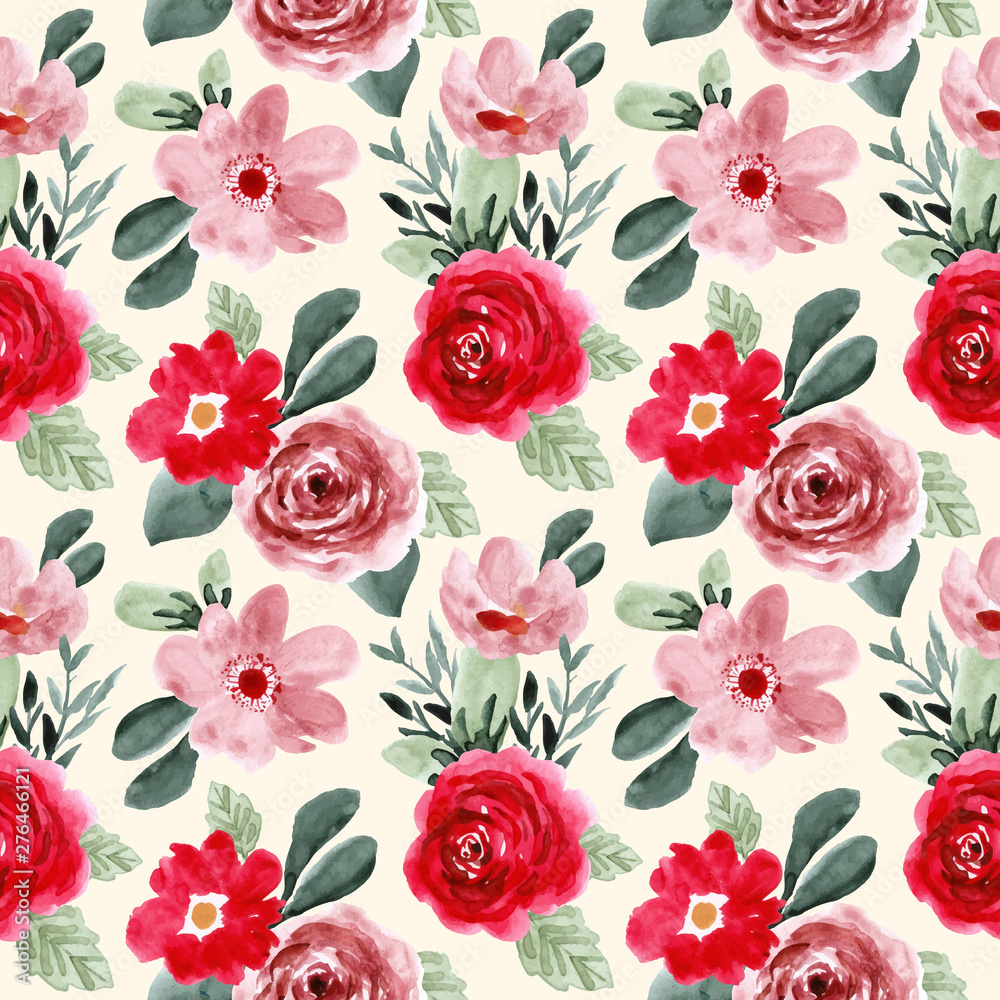 red pink green flower watercolor seamless pattern