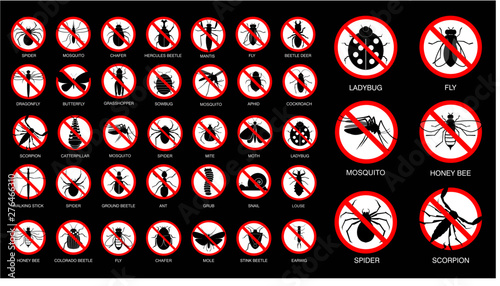 set of various insect prohibited in silhouette, with insect name. easy to modify