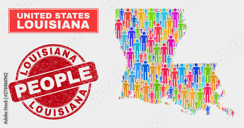 Demographic Louisiana State map illustration. People bright mosaic Louisiana State map of persons, and red round dirty watermark. Vector collage for national mass representation.