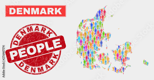 Demographic Denmark map abstraction. People colorful mosaic Denmark map of humans, and red round corroded stamp. Vector composition for population mass plan.