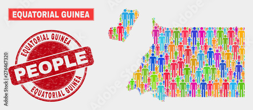 Demographic Equatorial Guinea map illustration. People bright mosaic Equatorial Guinea map of humans, and red round scratched watermark. Vector combination for national public plan.