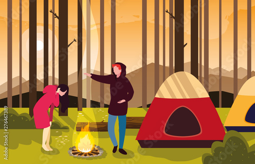 campers in camping zone with tent and campfire sunset scene