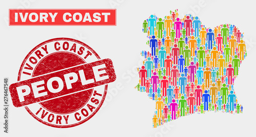 Demographic Ivory Coast map illustration. People color mosaic Ivory Coast map of humans, and red round unclean stamp. Vector composition for national community plan.
